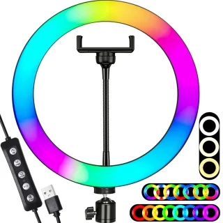 RGB žiedinė lempa 26 cm su telefono laikikliu, LED žiedas, žiedinė RGB lempa, žiedinė LED lempa, telefono laikiklio žiedinė lempa