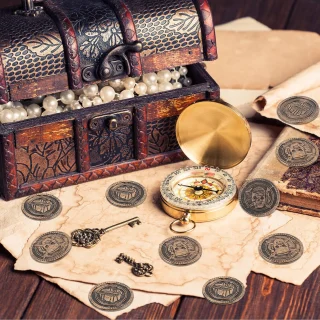 40 vnt. didelių piratų monetų rinkinys vaikams ir suaugusiems – puikiai tinka žaidimams vakarėliuose, užduotims, dekoracijoms, lobių paieškoms, auksinės monetos, piratų pinigai, žaidimų monetos 5