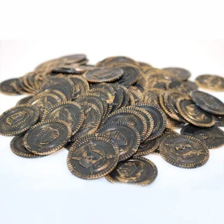 40 vnt. didelių piratų monetų rinkinys vaikams ir suaugusiems – puikiai tinka žaidimams vakarėliuose, užduotims, dekoracijoms, lobių paieškoms, auksinės monetos, piratų pinigai, žaidimų monetos 4