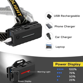 Įkraunamas LED žibintas ant galvos 1000 liumenų su USB Type-C, galvos žibintuvėlis, prožektorius ant kaktos, LED lempa ant galvos 4