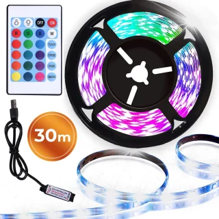 30 m RGB LED juostelė USB, su distanciniu pulteliu, LED šviesos juosta, LED lemputių juostelė, spalvota LED juosta, RGB šviesos juostelė