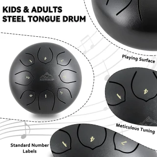Liežuvėlio būgnas 25 cm, metalinis mušamasis instrumentas, būgnas, juodas, plieninis liežuvėlių būgnas, plieno būgnas, rankinis būgnas 2