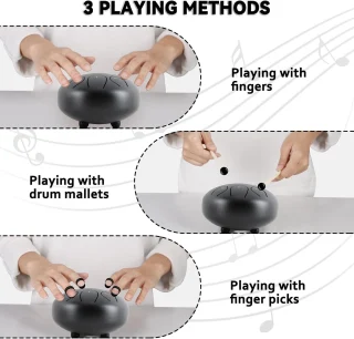 Liežuvėlio būgnas 25 cm, metalinis mušamasis instrumentas, būgnas, juodas, plieninis liežuvėlių būgnas, plieno būgnas, rankinis būgnas 3