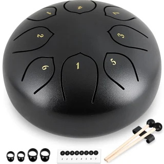 Liežuvėlio būgnas 25 cm, metalinis mušamasis instrumentas, būgnas, juodas, plieninis liežuvėlių būgnas, plieno būgnas, rankinis būgnas