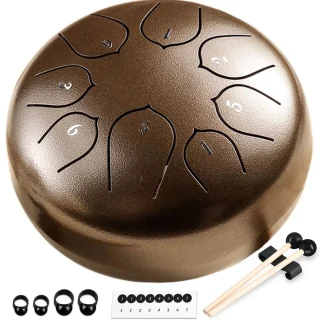 Liežuvinis būgnų rinkinys, mušamasis instrumentas, bronzinė spalva, plieninis liežuvinis būgnas, rankinis būgnas, kalimbos būgnas