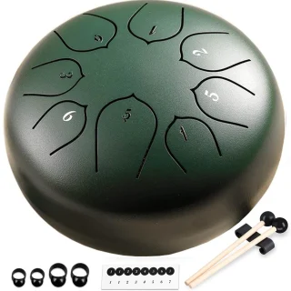 25 cm žalias plieninis liežuvėlinis būgnas, mušamasis instrumentas, žalias spalva, plieninis rankinis būgnas, liežuvinis būgnas, plieninis būgnelis