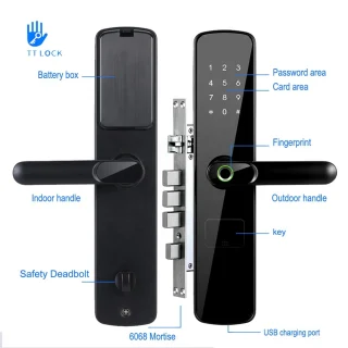 Išmanioji durų rankena su NFC kortele, slaptažodžiu, pirštų atspaudų skaitytuvu, išmanioji spyna viešbučiams, elektroninė durų spyna, kodinė durų spyna, pirštų atspaudų durų spyna, NFC durų spyna 4