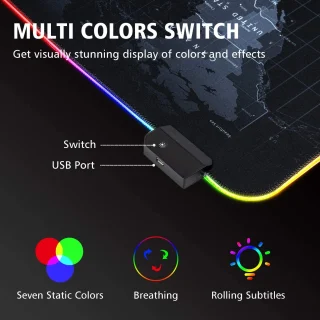 RGB pasaulio žemėlapio žaidimų kilimėlis pelei 80x30 cm, LED kilimėlis pelei, šviečiantis stalo kilimėlis, žaidimų pelės kilimėlis, kompiuterio pelės kilimėlis, RGB stalo kilimėlis 3