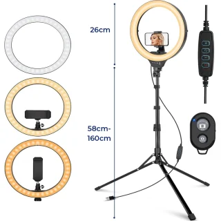 LED žiedinė lempa su trikoju stovu, 192 cm telefono laikiklio žiedinė lempa, žiedas lempa, LED žiedas su stovu, LED žiedinė šviesa su laikikliu, telefono žiedinė lempa