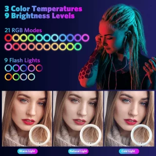 RGB žiedinė lempa su trikoju stovu, 192 cm telefono laikiklio žiedinė lempa, žiedinė šviesa, žiedinis apšvietimas, žiedinė lempa telefonui 2