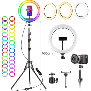 RGB žiedinė lempa su trikoju stovu, 192 cm telefono laikiklio žiedinė lempa, žiedinė šviesa, žiedinis apšvietimas, žiedinė lempa telefonui