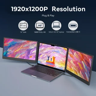 Dvigubas nešiojamojo kompiuterio monitorius 14 colių 1920x1200, ekranas 13,3–16 colių nešiojamiesiems kompiuteriams, 2 ekranai, papildomas nešiojamojo kompiuterio ekranas, išplečiamas laptopo ekranas, šoninis laptopo monitorius 2