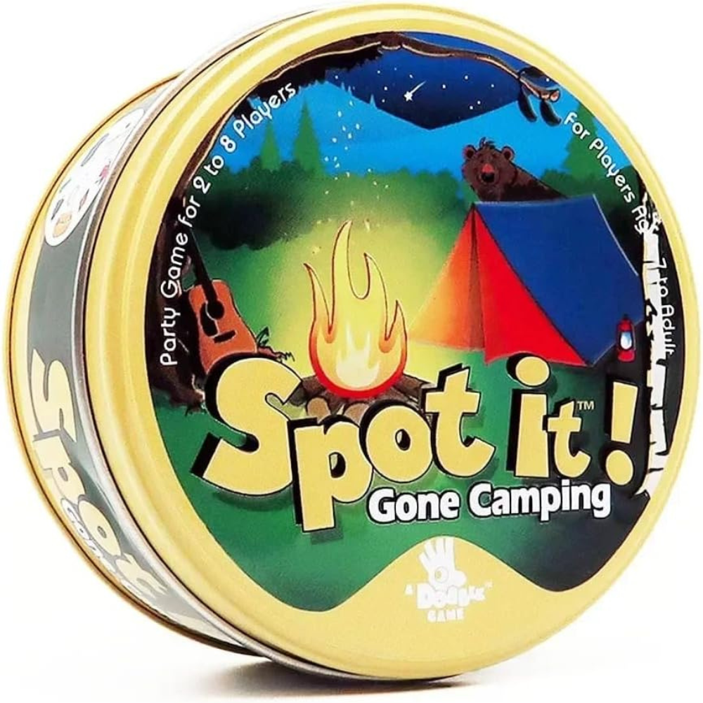 Spot It! kaardimäng Gone Camping, kaasaskantav reisiformaat, 55 ümmargust kaarti, pere- ja seltskonnamäng, lastemäng, lauamäng