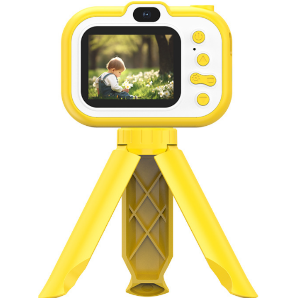 Lastel digitaalne kaamera koos statiiviga, kollane laste kaameramänguasi, laste fotoaparaat, laste digifotoaparaat
