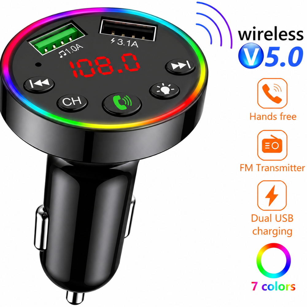 Bluetooth 5.0 auto FM-saatja F9, käed-vabad funktsiooniga, kahe USB-laadimispordiga, LED-ekraaniga, must, FM-moodulaator autosse, Bluetooth FM-raadiosaatja autosse