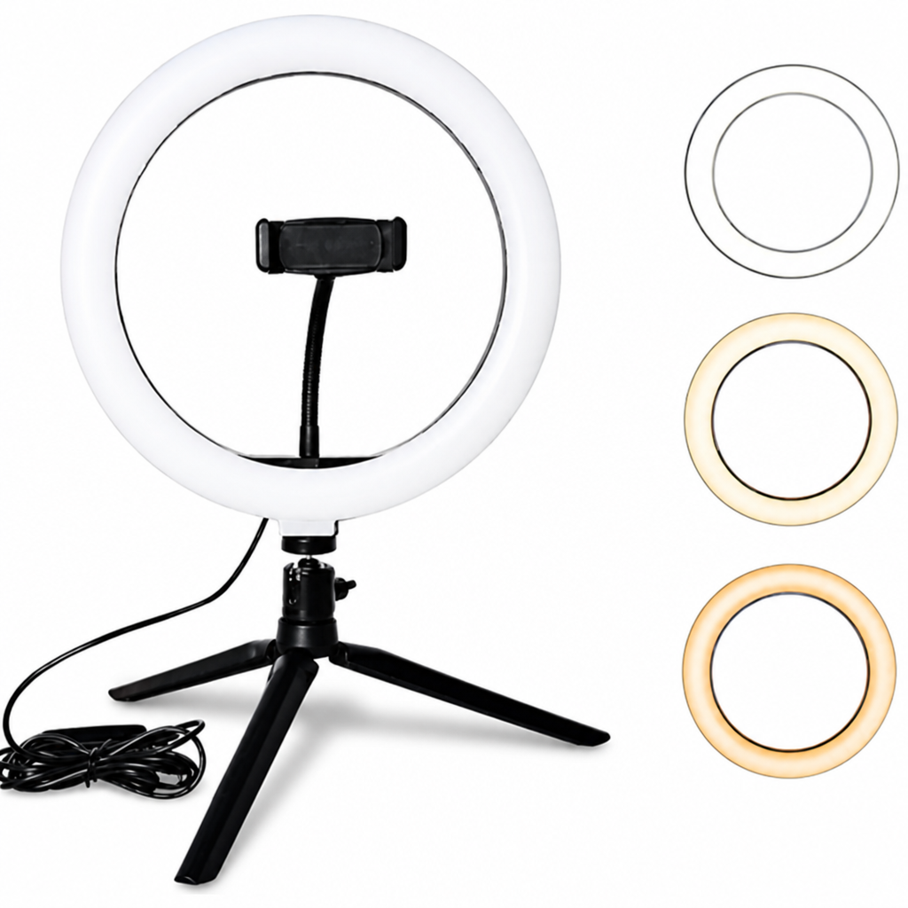 LED žiedinė lempa 20 cm su stovu ir mažu trikojį, žiedinis LED šviestuvas, LED žiedinis apšvietimas