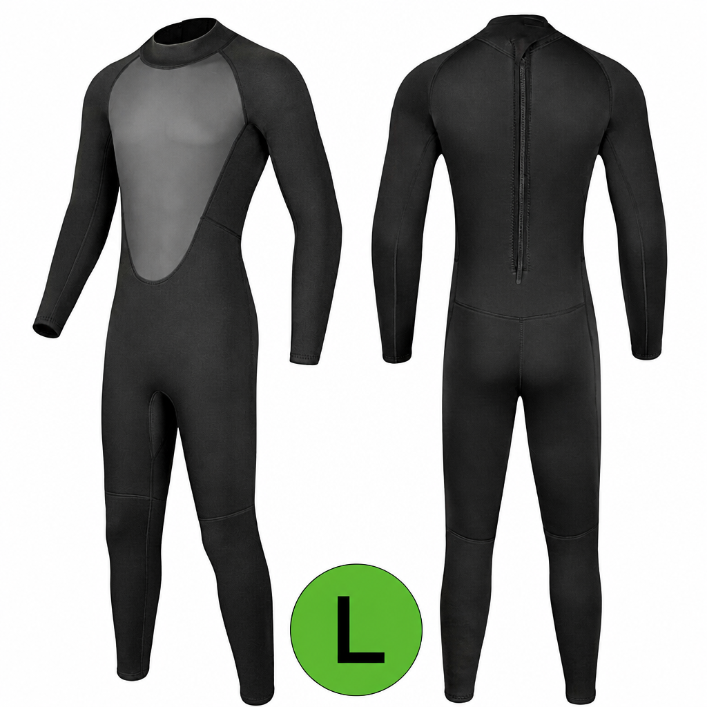 Hidrotērps niršanai un sērfošanai, pilna ķermeņa wetsuit, melns, izmērs L, paredzēts 65–70 kg, niršanas tērps, sērfošanas hidrotērps