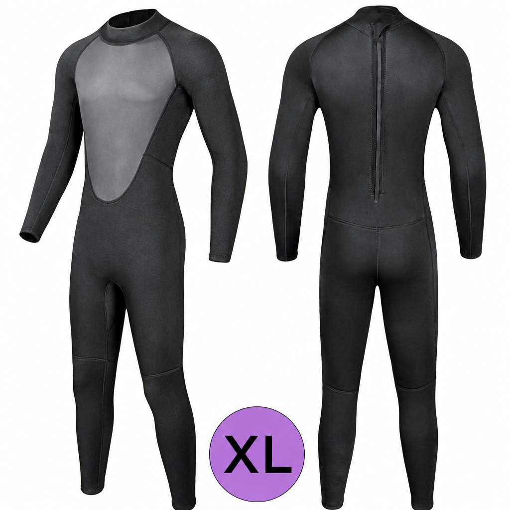 Hidrotērps niršanai un sērfošanai, pilna garuma wetsuit, melns, izmērs XL, paredzēts 70–75 kg svaram, niršanas tērps, sērfošanas hidrotērps
