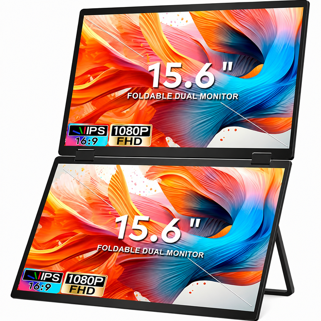Divkāršs portatīvais monitors klēpjdatoram 15,6" 1920×1080, dubultais ekrāns ar diviem 15,6 collu displejiem, papildu portatīvais monitors klēpjdatoram, salokāms divu ekrānu displejs