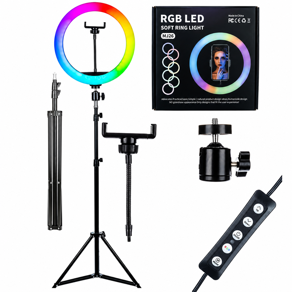 RGB gredzenveida lampa ar statīvu, 192 cm tālruņa turētāja gredzenlampa, RGB LED riņķa gaisma, viedtālruņa gredzenveida apgaismojums