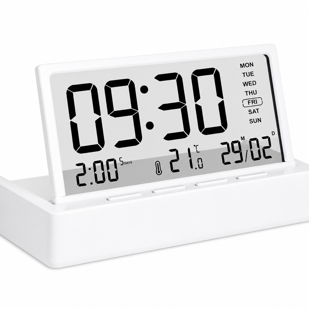 Digitālais LCD modinātājpulkstenis ar caurspīdīgu displeju un istabas termometru, galda pulkstenis ar modinātāju, naktsgaldiņa pulkstenis