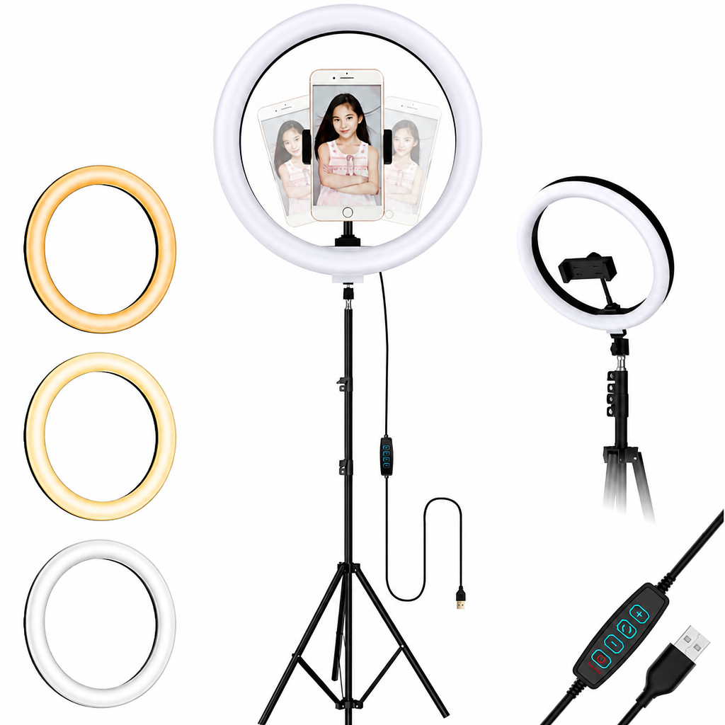 LED gredzenveida lampa ar statīvu 192 cm un telefona turētāju, gredzenveida gaisma ar trijkāja statīvu, LED ring light statīvs ar telefona turētāju