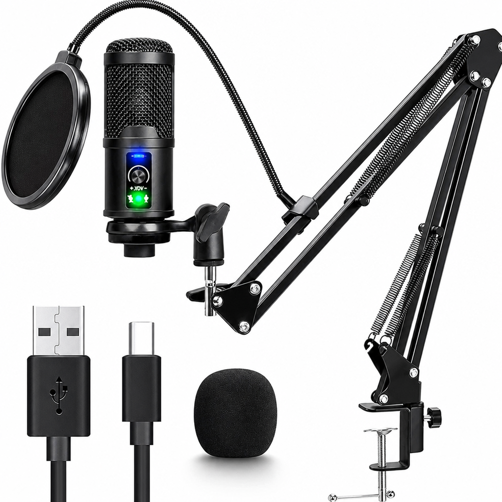 USB‑C mikrofona komplekts ar kantīlvera statīvu un pop filtru, USB Type‑C mikrofons ar galda turētāju, mikrofons ar regulējamu šūpojošo roku