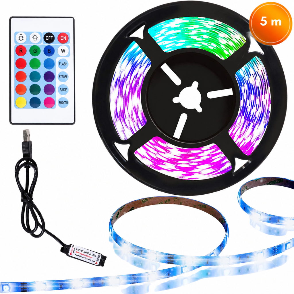 RGB LED lente 5 m, USB barošana, ar tālvadības pulti, RGB LED apgaismojuma lente, LED gaismas josla