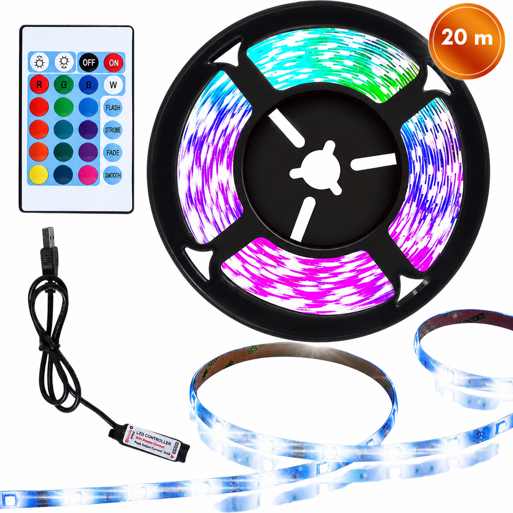 RGB LED gaismas lente 20 m ar pulti, LED apgaismojuma lente ar tālvadības pulti, LED dekoratīvā gaismas josla