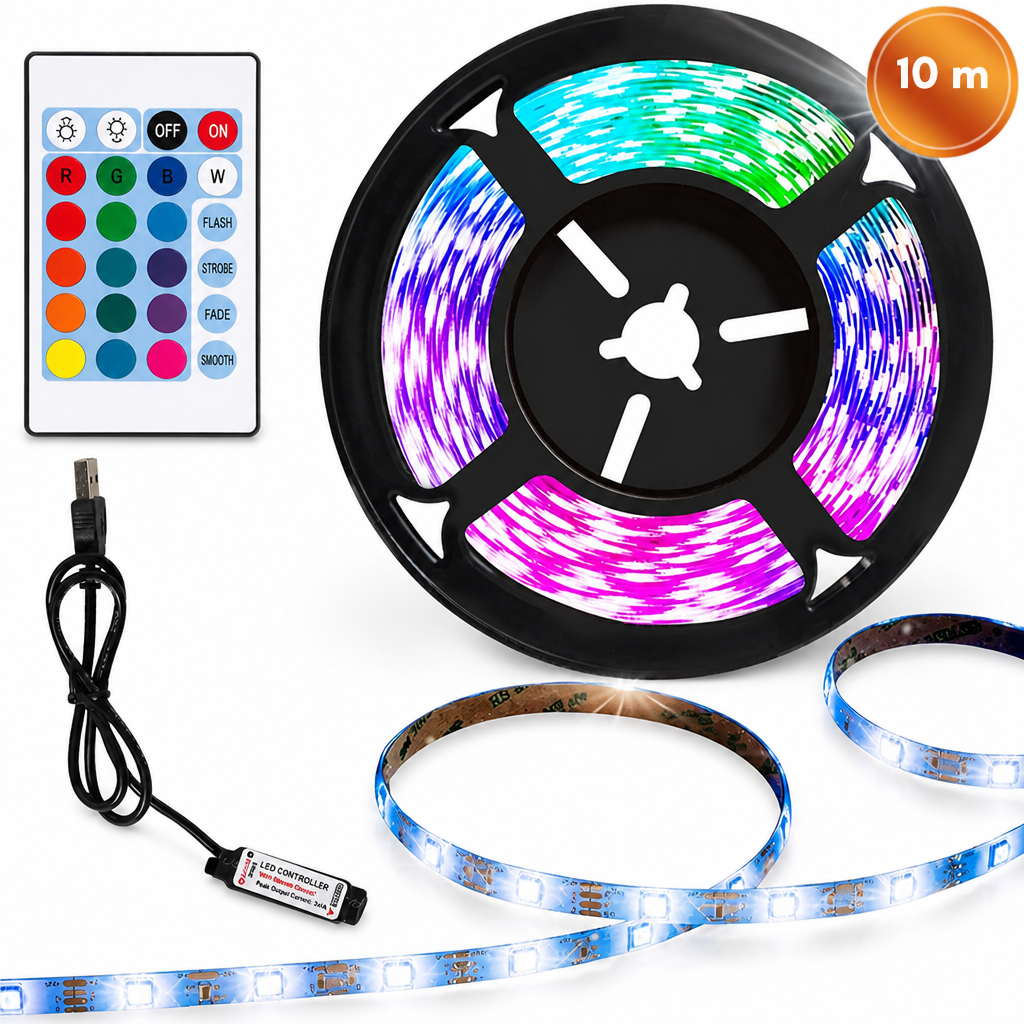 RGB LED lente 10 m ar USB pieslēgumu un tālvadības pulti, LED gaismas lente, RGB apgaismojuma sloksne