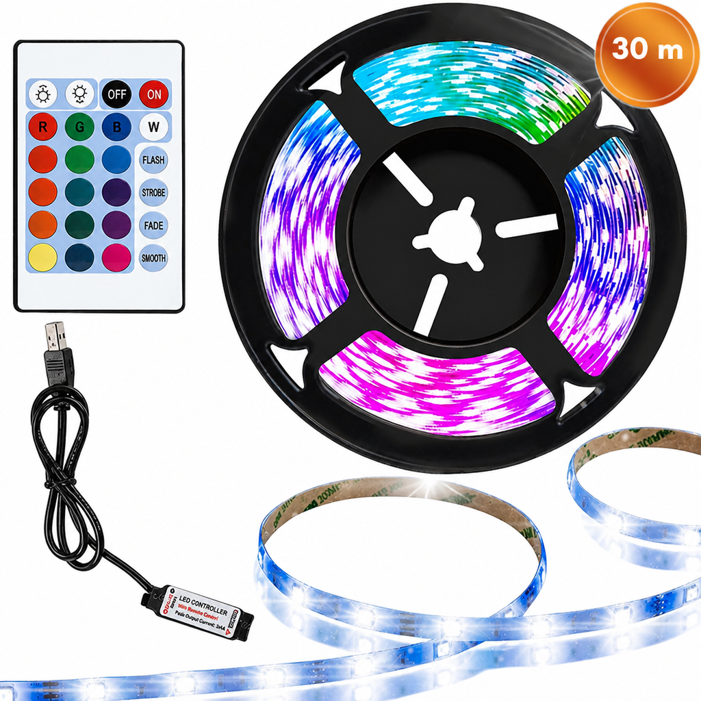 RGB LED lente 30 m ar USB pieslēgumu un tālvadības pulti, LED gaismas lente, krāsainā LED diožu sloksne