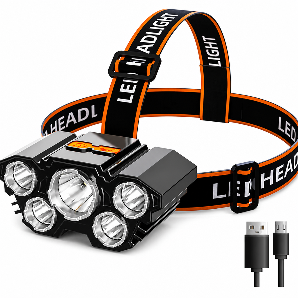 LED galvas lampa ar 5 diodēm, uzlādējama, ūdensizturīga, galvas lukturis, pieres lukturītis