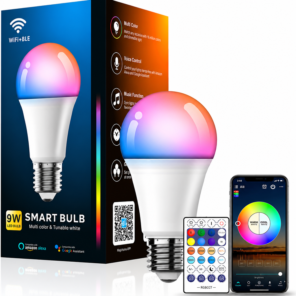 Viedā LED spuldze RGB, ar pulti, E27, 10W, RGB gaismas spuldze, krāsu maiņas spuldze