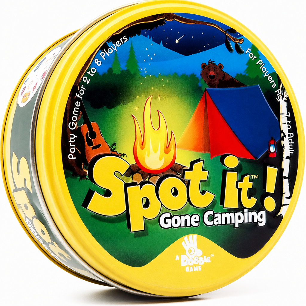 Galda spēle Spot It Gone Camping, 55 apaļas kārtis, ceļojuma izmēra ģimenes un ballīšu kāršu spēle, ceļojumu galda spēle, kompaktā kāršu spēle