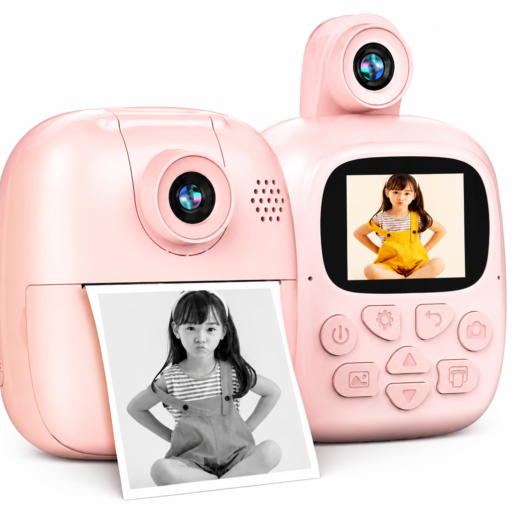 Bērnu tūlītējās drukas fotoaparāts ar pašbilžu funkciju, rozā, termodrukas 24MP kamera, bērnu instant foto kamera, bērnu pašbilžu fotoaparāts