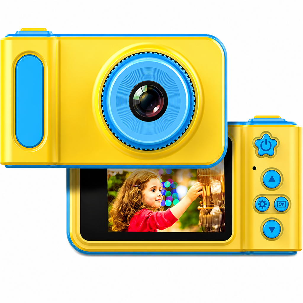 Bērnu digitālā HD kamera, dzeltena ar ziliem elementiem, mini video foto kamera bērniem, bērnu fotoaparāts, bērnu videokamera