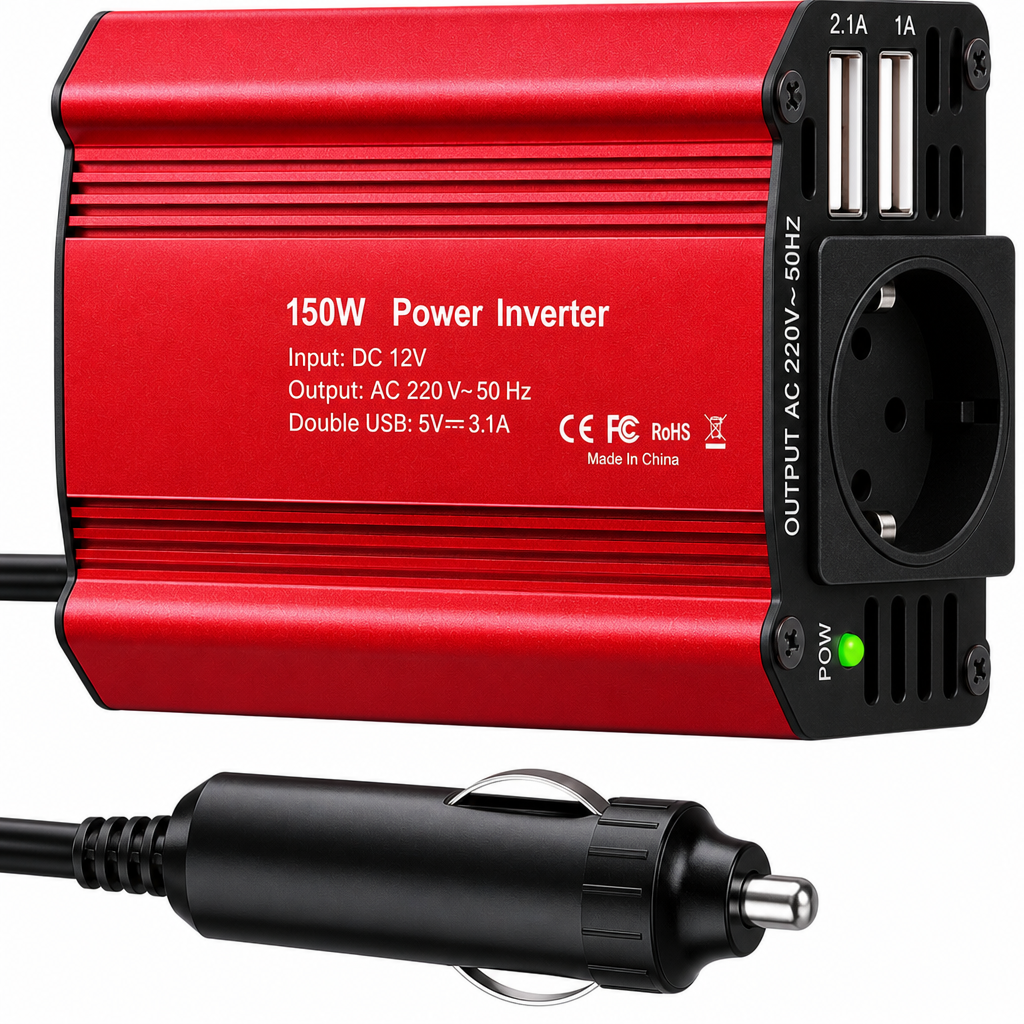 Auto sprieguma pārveidotājs 12V uz 220V, 150W DC–AC invertors ar 1 maiņstrāvas kontaktligzdu un dubulto USB auto lādētāja adapteri, auto barošanas invertors, automašīnas 12V uz 220V pārveidotājs