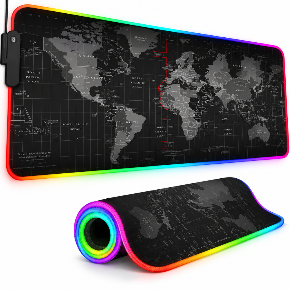 RGB spēļu peles paliktnis 80x30 cm ar pasaules karti un LED apgaismojumu, RGB galda paliktnis, izgaismots peles paklājiņš