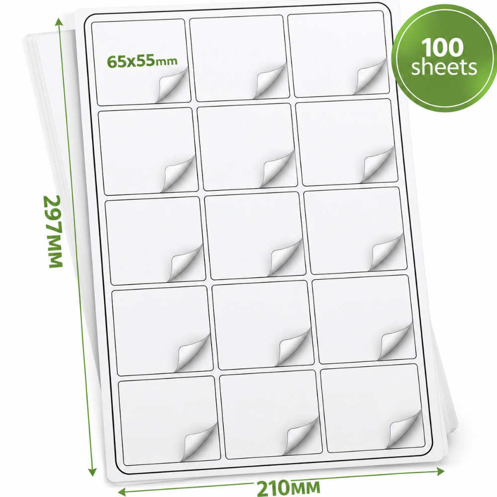 A4 pašlīmējošās etiķetes 65x55 mm, ar noapaļotiem stūriem, 100 loksnes, tukšas uzlīmes marķēšanai, uzlīmju papīrs drukāšanai