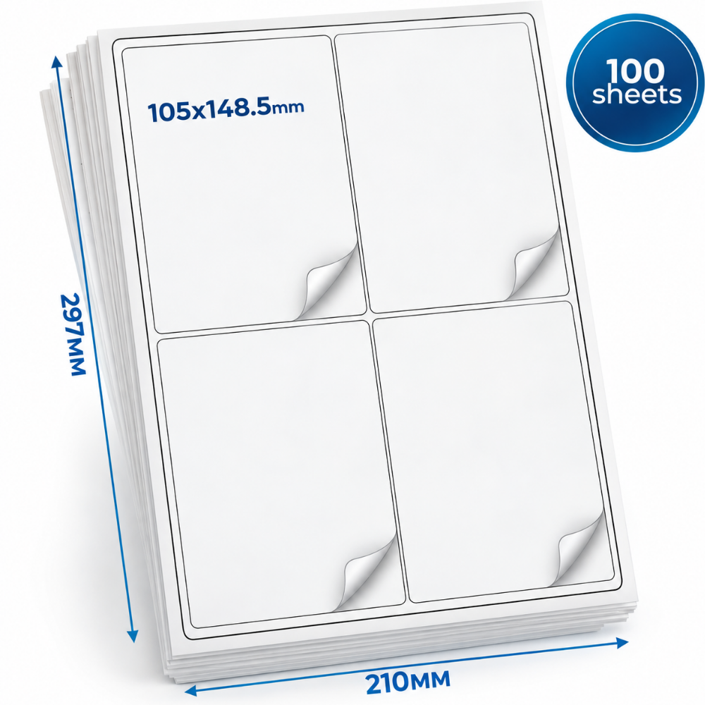 A4 pašlīmējošās etiķetes 105 x 148,5 mm, 4 uzlīmes uz lapas, 100 loksnes, tukšas baltas uzlīmes, uzlīmju papīrs