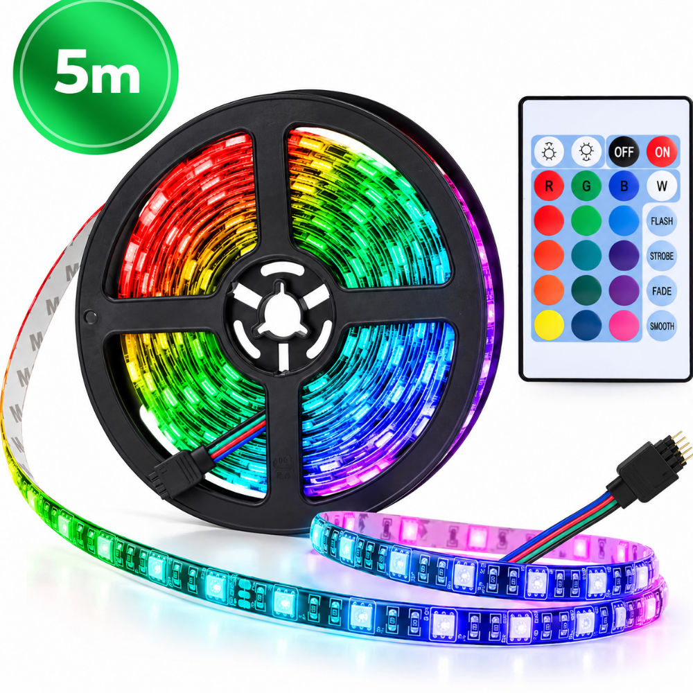 RGB LED lentes 5 m ar 30 LED/m, USB barošanu un tālvadības pulti, LED gaismas lente, krāsainā LED dekoratīvā lente