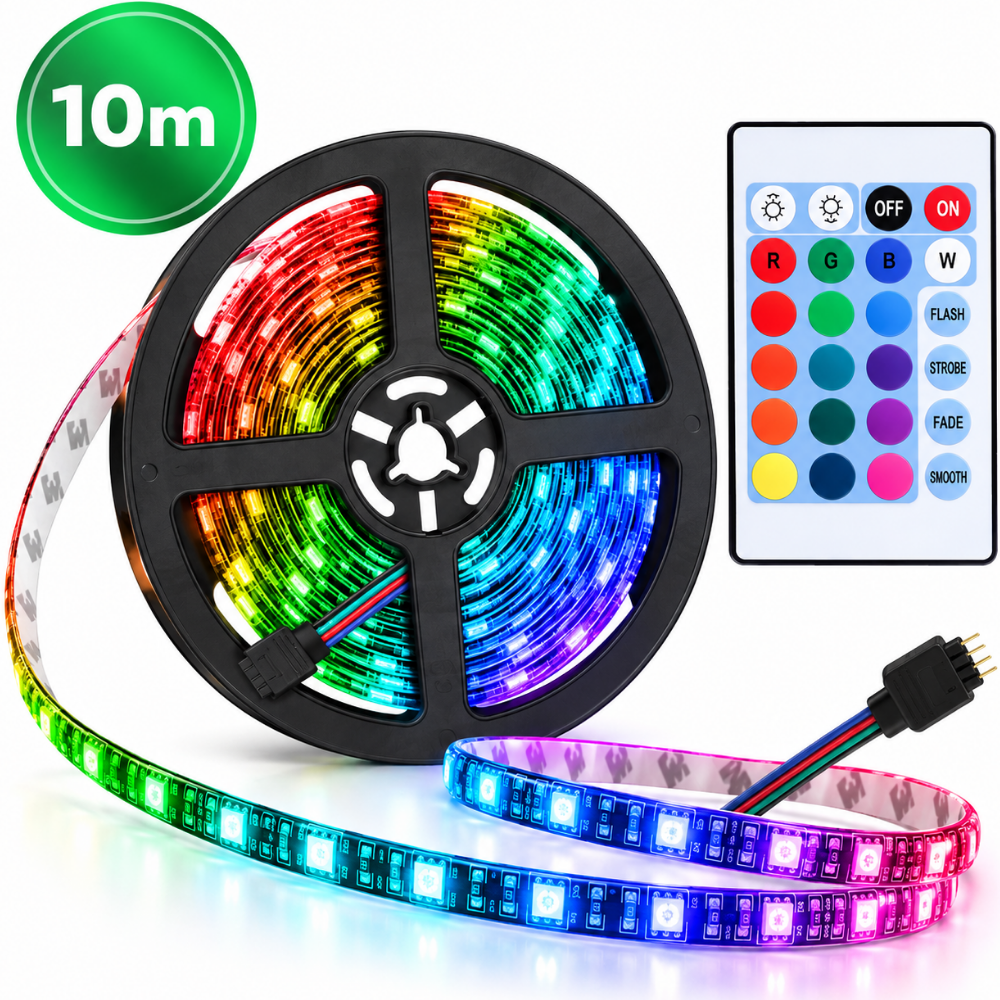 RGB LED lente 10 m, USB barošana, 30 LED/m, ar tālvadības pulti, RGB LED sloksne, daudzkrāsu LED apgaismojuma lente