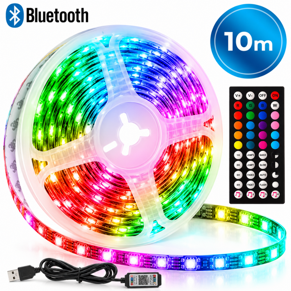 RGB LED lentes apgaismojums 10 m ar Bluetooth un pulti, RGB LED lente 10 metri, krāsainā LED gaismas lente ar tālvadību