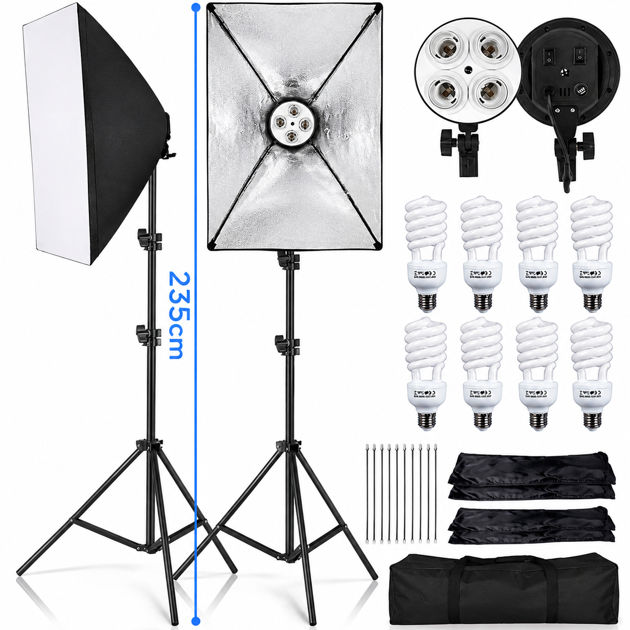 Softbox apgaismojuma komplekts 235 cm, 2 softbox gaismas gabali komplektā, studijas apgaismojuma komplekts, fotostudijas softboksa lampa, video apgaismojuma softbox