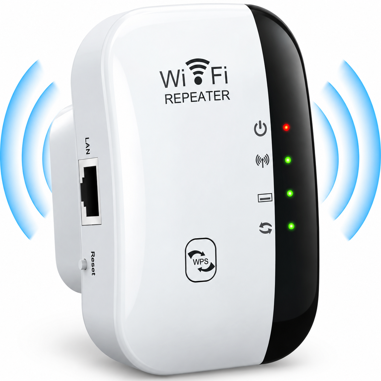 WiFi signāla pastiprinātājs, bezvadu WiFi diapazona paplašinātājs ar WPS pogu, LAN pieslēgvietu un indikācijas gaismām, WiFi diapazona pastiprinātājs, bezvadu rūtera signāla pastiprinātājs