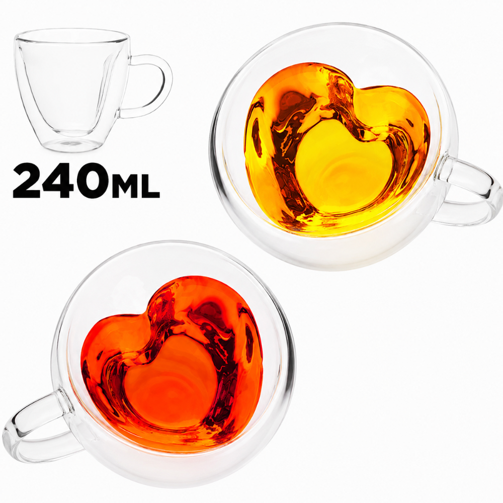 Sirds formas krūzes 240 ml, komplekts 2 gab., sirdsveida tasītes, stikla krūzītes