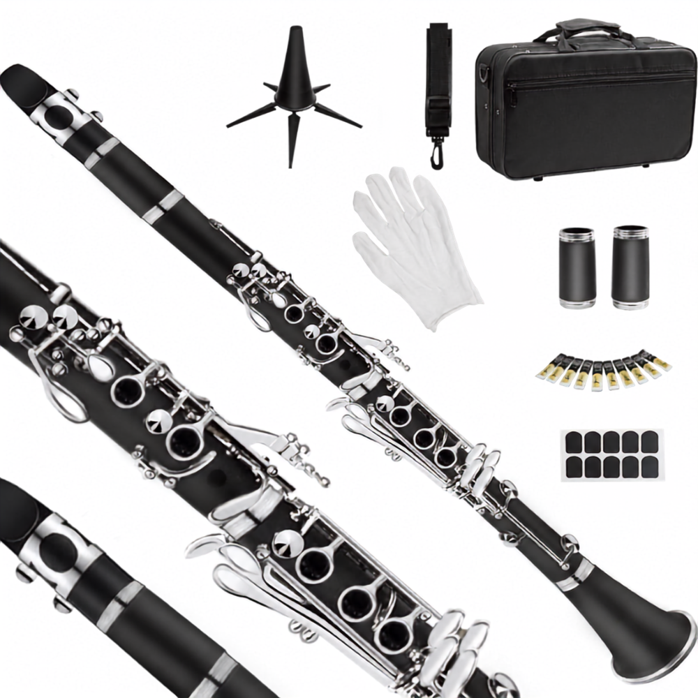 B bemola klarnete komplekts ar piederumiem, klarnete B bemol tonī ar somu un kopšanas rīkiem, B bemola pūšamais instruments