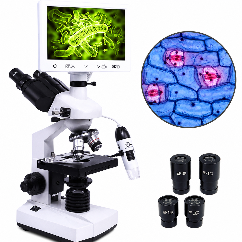 Bioloģiskais mikroskops ar ekrānu, 2 objektīviem un palielinājumu līdz 1600x, digitālais bioloģijas mikroskops, laboratorijas mikroskops ar ekrānu