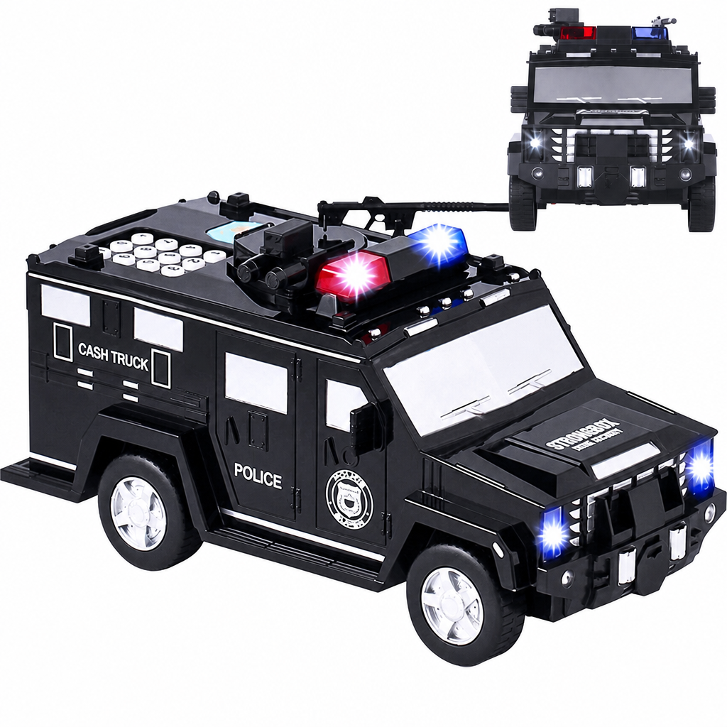 Elektroniska bērnu krājkase policijas auto formā, naudas krājkasīte monētām un banknotēm, bērnu naudas taupīšanas mašīna