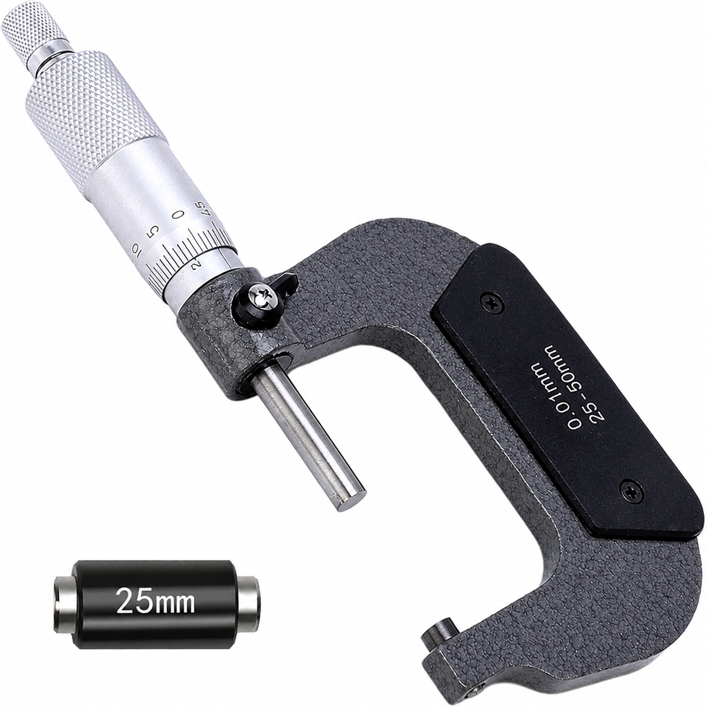 Mehāniskais mikrometrs 25–50 mm ar augstu precizitāti un karbīda mērgalvu, ārējais mērīšanas instruments ar atslēgu un stieni, precīzijas mikrometrs, ārējais mehāniskais mikrometrs